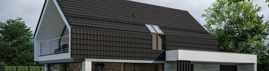 render budynku dom na przyszłość LK&1775 z dachówką V9 na dachu i elewacji