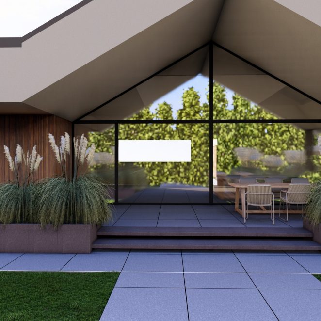Render posesji na której wykorzystano produkt Livello Grande w kolorze Bruni jako palisady, obrzeża, donice, płyty układane step by step, stopnie lewitujące
